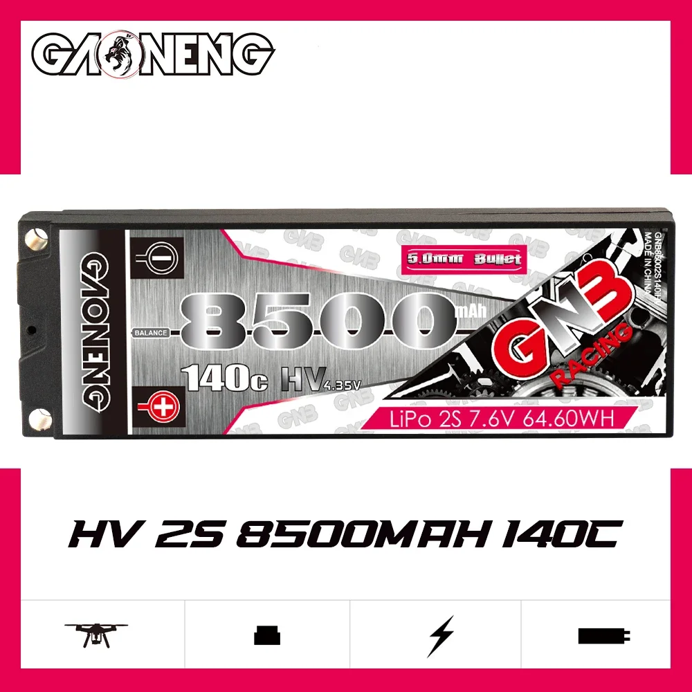 Gaoneng GNB 2S HV 7.6V 8500mAh 140C Hardcase LiPo 5mm bullet TRX