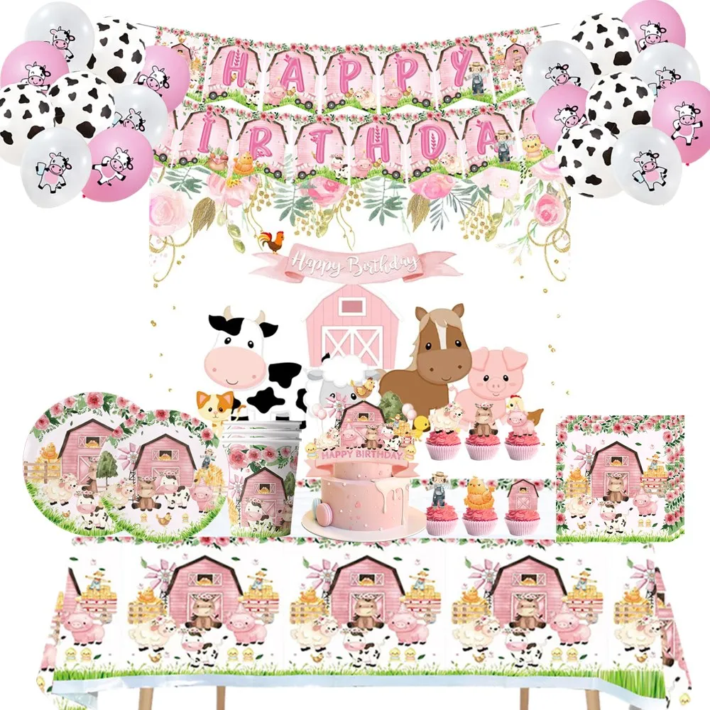 

Pink Farm Theme Birthday Decorations Baby Share Disposable Tableware Cartoon Animal Tablecloth Kids Boys Favor Party Supplies