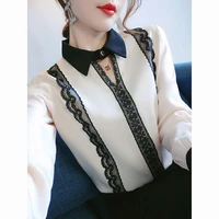 fashion elegant turn down collar lace splicing chiffon shirt casual loose spring autumn office lady long sleeve commute blouse