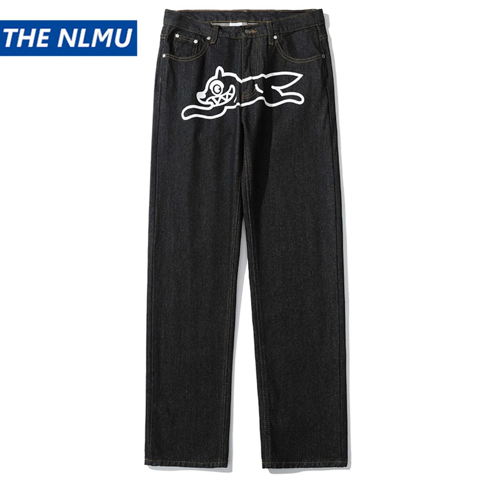 Hip Hop Baggy Jeans Y2K Dog Print Fashion Straight Loose Denim Pants Men Harajuku Streetwear Skateboard Jeans Trousers Black
