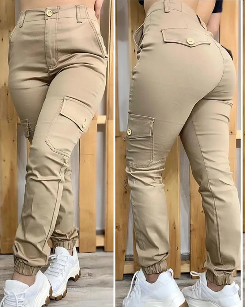 

Women Pencil Pants Khaki Buttoned Pockets Design Solid Color Pants High Waist Fashion Casual