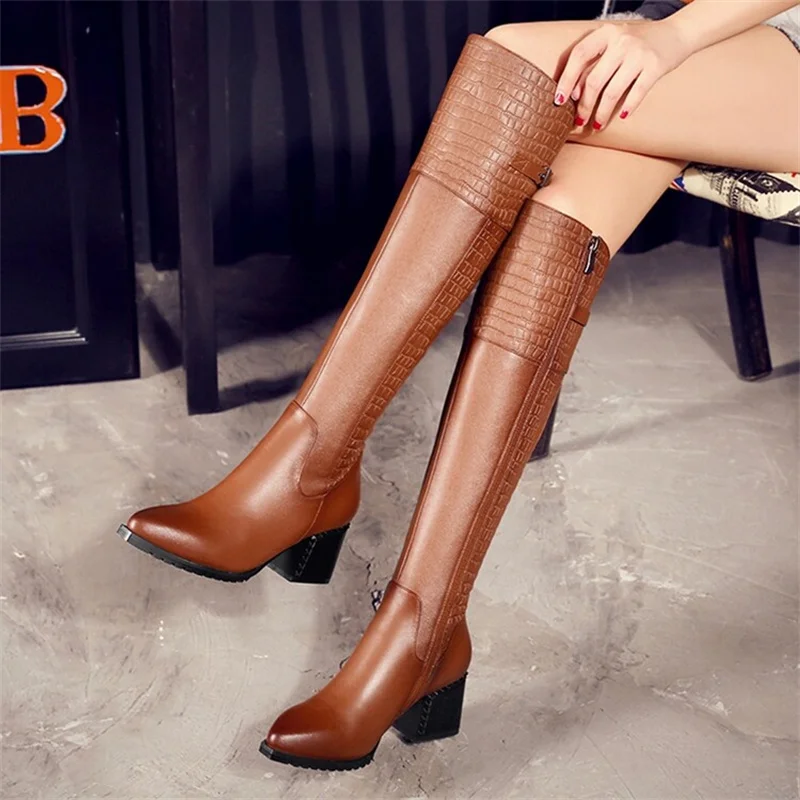 

2022 New Real Leather Knee Length Women's Boots Autumn And Winter Short Plush Boots 6cm High Heel 34-42 Women's Shoes