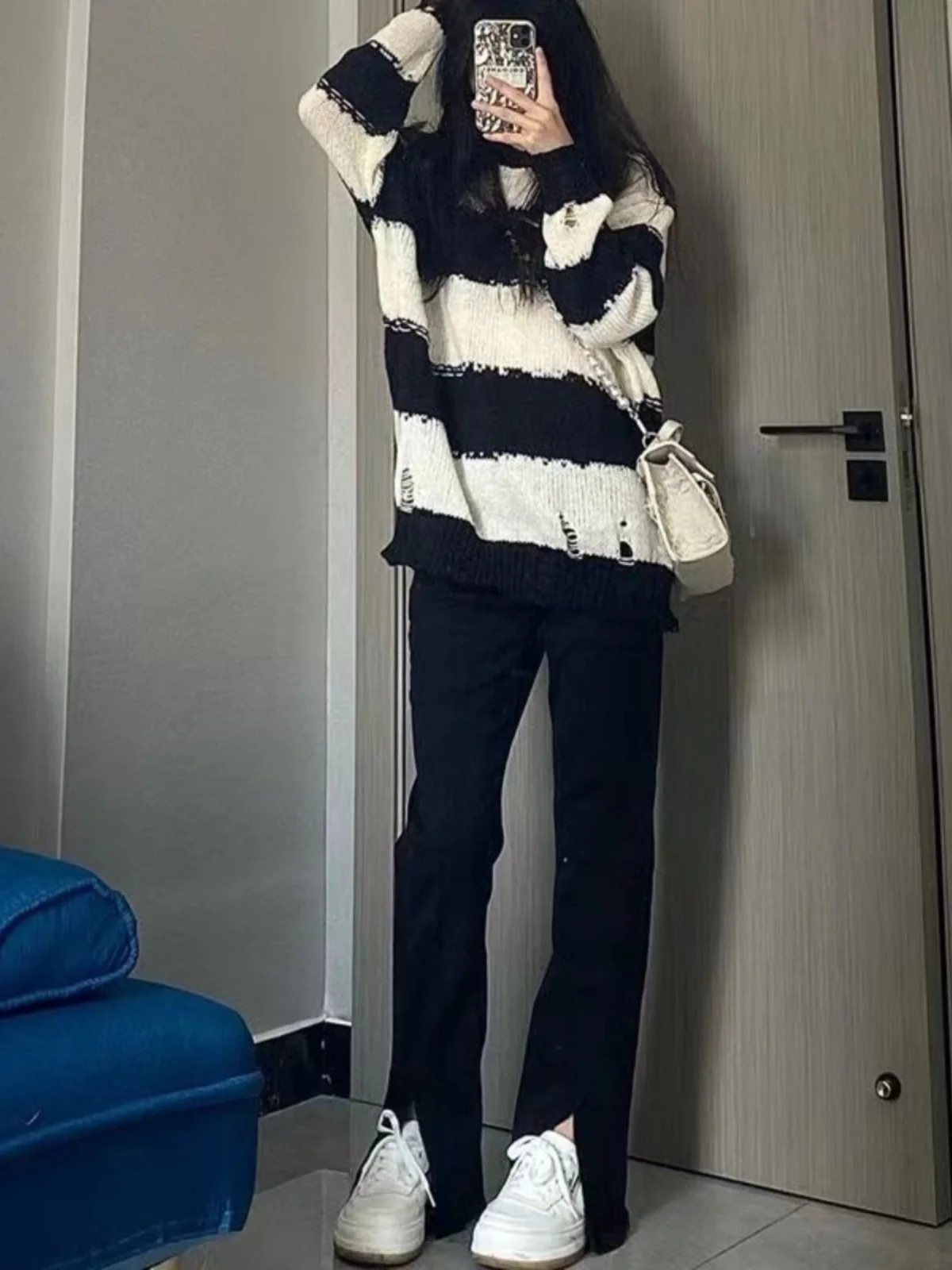 Женский вязаный свитер в полоску шикарный винтажный гонконгском стиле свободный