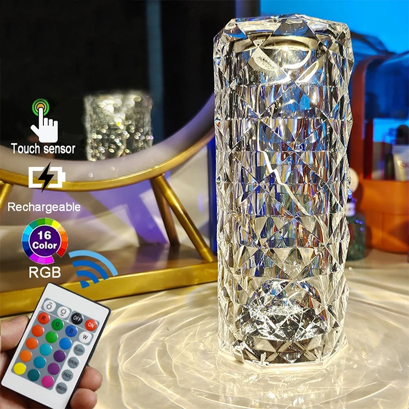 Touching Control Rose Crystal Lamp Bedside Table Rechargeable 3/16 Colors USB Touch Night Light Holiday Lamps Led Lighting