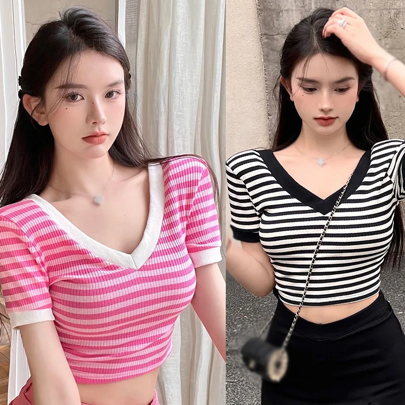

Summer Breathable V Neck Stripe Exposed Navel Women Crop Top Short Sleeves Knitted T-Shirt
