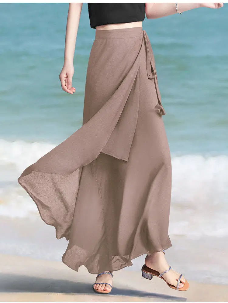 

Beach chiffon skirt women's 2022 summer new long wrap hip slit skirt fashion lace up bow women skirt brown skirt