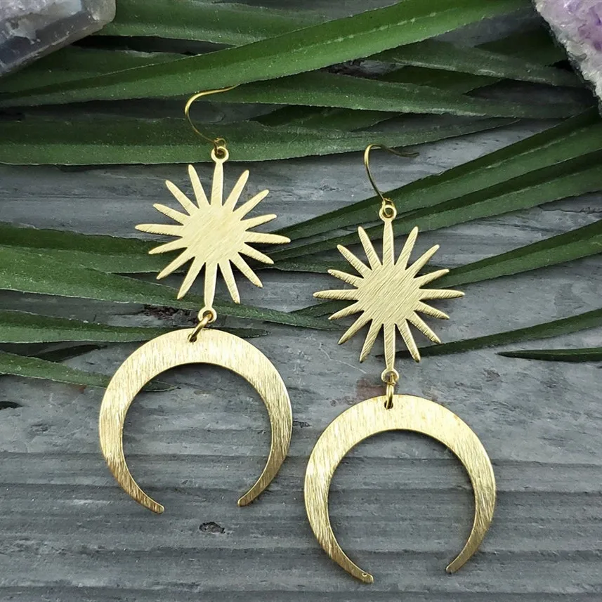 

Hammered Raw Brass Earrings,Moon and Star Dangle Earrings, Starburst Earrings,Celestial Earrings,Crescent Moon Earrings