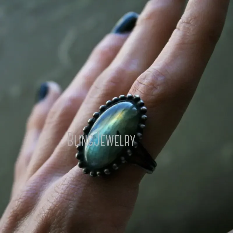 Женское коктейльное кольцо из нержавеющей стали с радужным лабрадоритом и