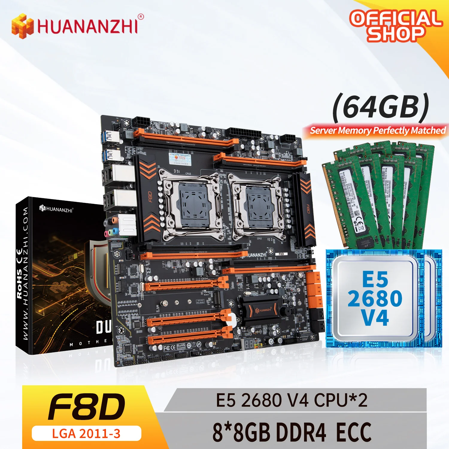 

HUANANZHI X99 F8D LGA 2011-3 XEON X99 материнская плата с Intel E5 2680 V4 * 2 с 8*8 ГБ DDR4 RECC память комбинированный комплект NVME