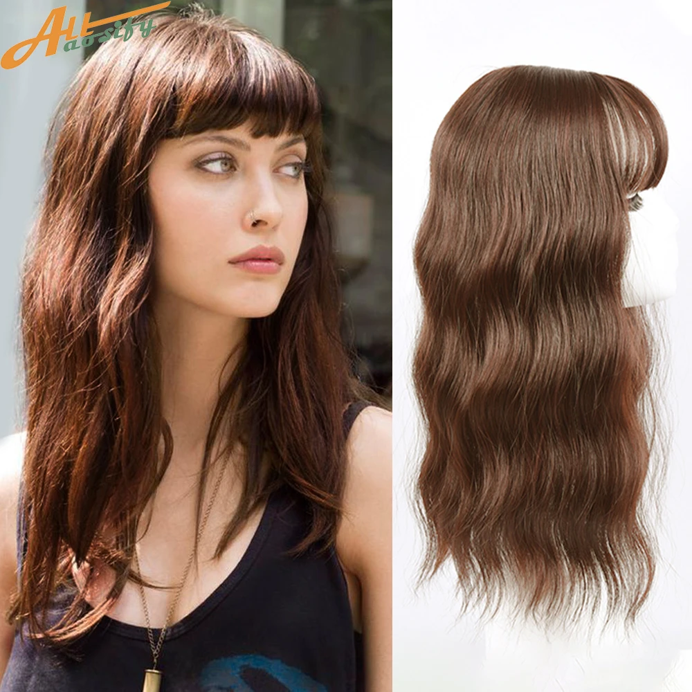 Allaosify Long Water Ripple Curly With Bangs Synthetic Wig For Women Black Brown Replenishes the Hair in the Head Headband Wig