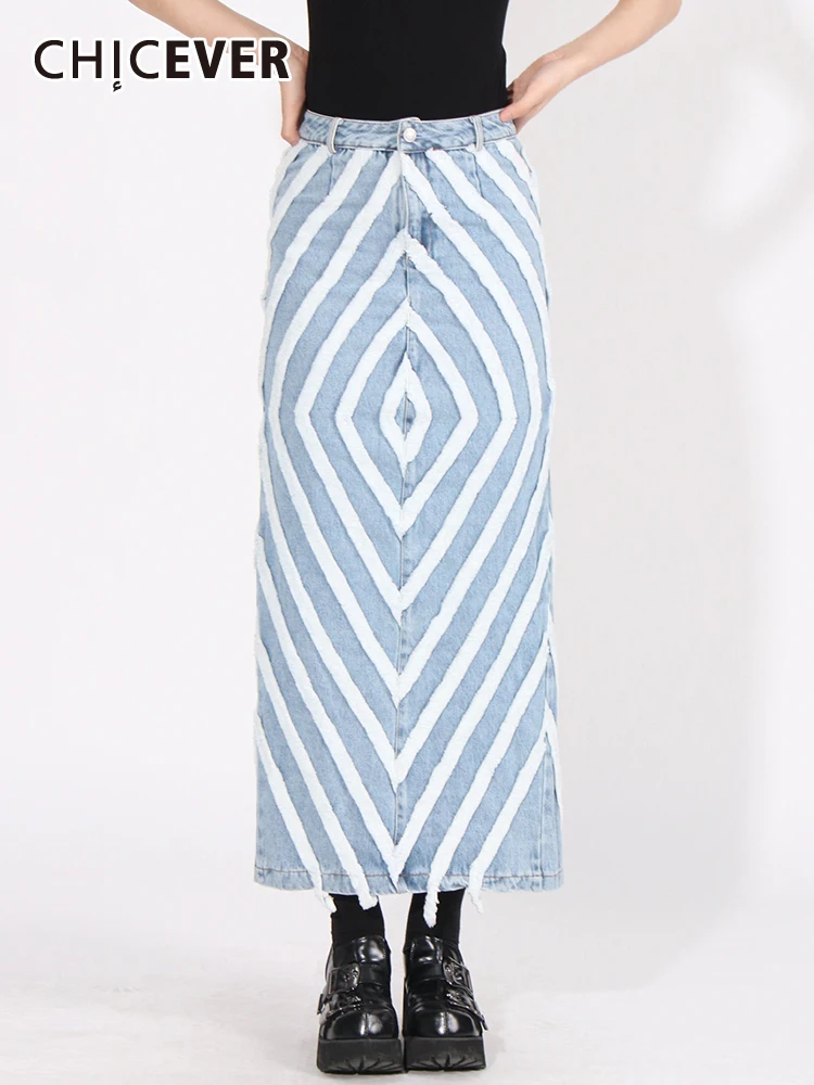 

CHICEVER Summer Colorblock Bodycon Denim Skirts For Women High Waist Patchwork Button Split Slimming A Line Midi Skirt Female