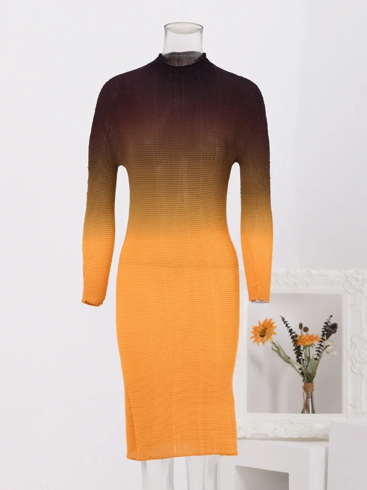 

Miyake Original Gradient Pleated Women's Dress Slim Long Sleeves Contrast Color Mid Length Dresses Fashion Party 2024 Spring New
