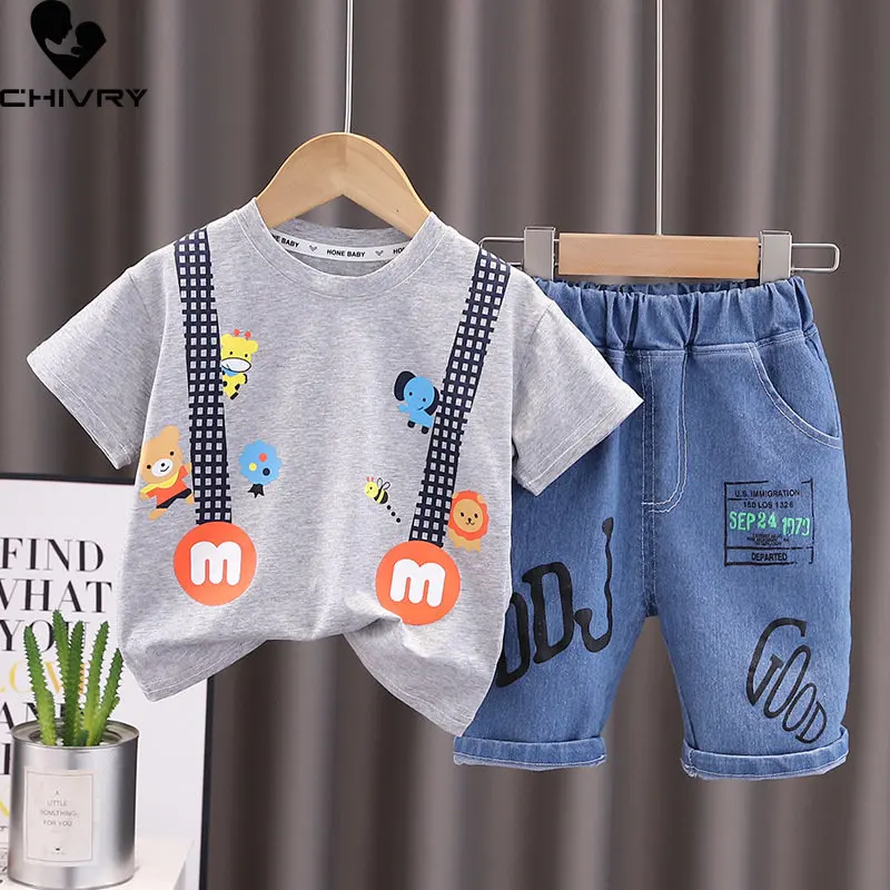 

Boys Summer Clothing Suit New Baby Boy Short Sleeve O-neck Cartoon Print T-shirt Tops with Letter Denim Shorts Kids Clothes Sets