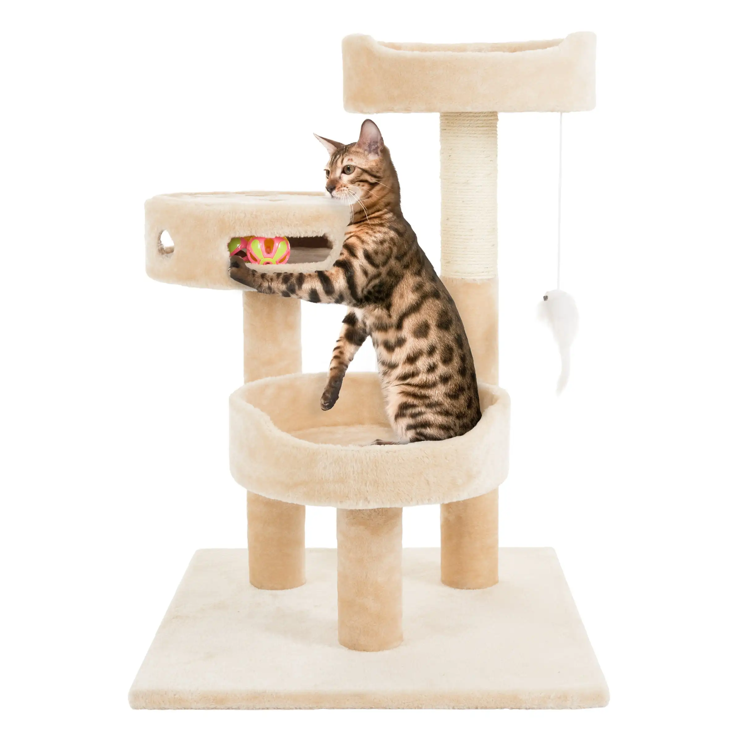 

3-Tier Cat Tree - 2 Carpeted Napping Perches, Sisal Rope Scratching Post, Hanging Mouse, and Interactive Cheese Wheel Toy by (T