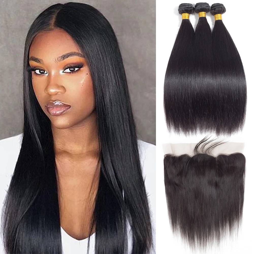 Bundles with Closure Straight Hair 100% Brazilian Hair 3 Bundles with Lace Frontal Free Part Human Hair Extensions Natural Color