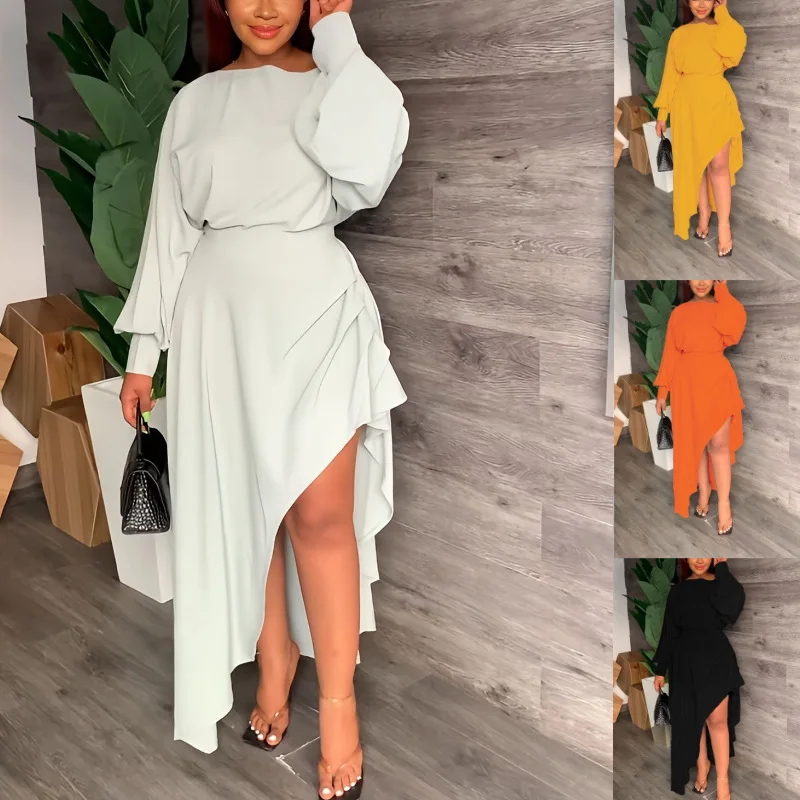 

2023 Spring and Summer Women's Long Sleeve Slant Shoulder Irregular Dress