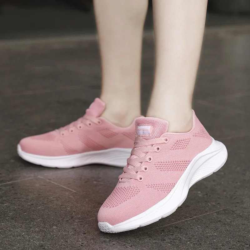 Women Motion Casual Shoes Breathable Walking Mesh Lace Up Flat Shoes Sneakers Women Tenis Feminino 42 Pink Black White
