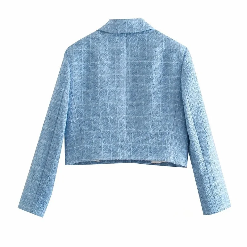Blue Fashion Tweed Short Blazer Spring Autumn Women Simple Casual Single Button Blazer Indie Elegant Office Commute Streetwear