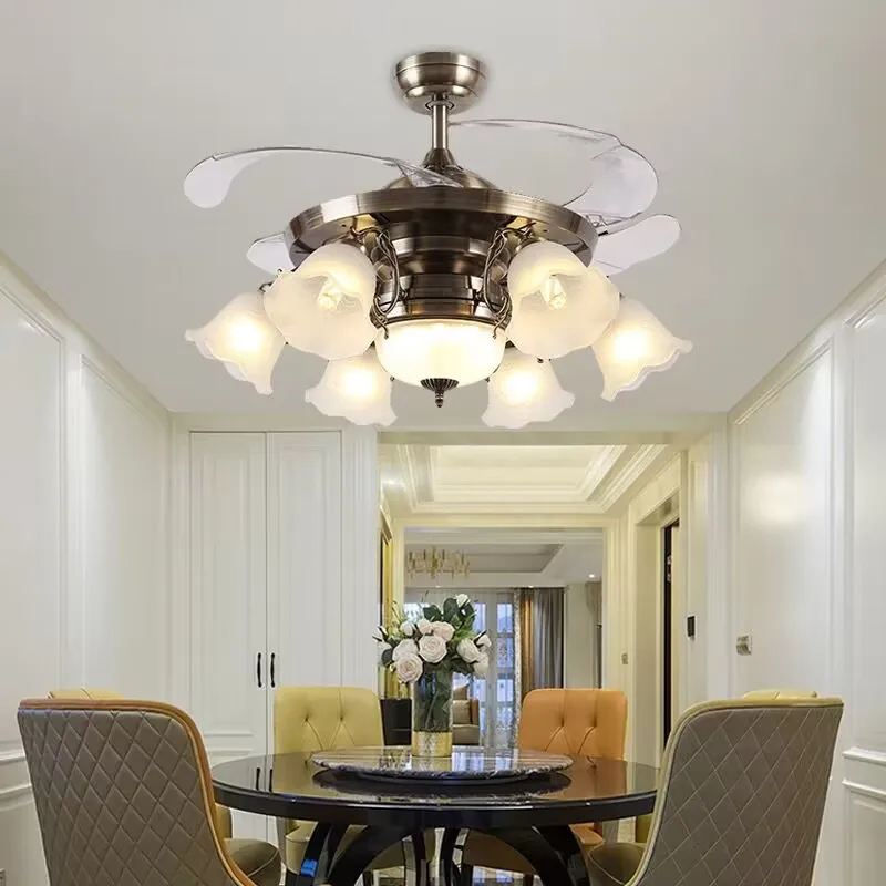 

Luxury Chandeliers With Fans Lights Design Led Ceiling Fans Lighting Remote Control 110V 220V Home Decor Retro Glass Ceiling Fan