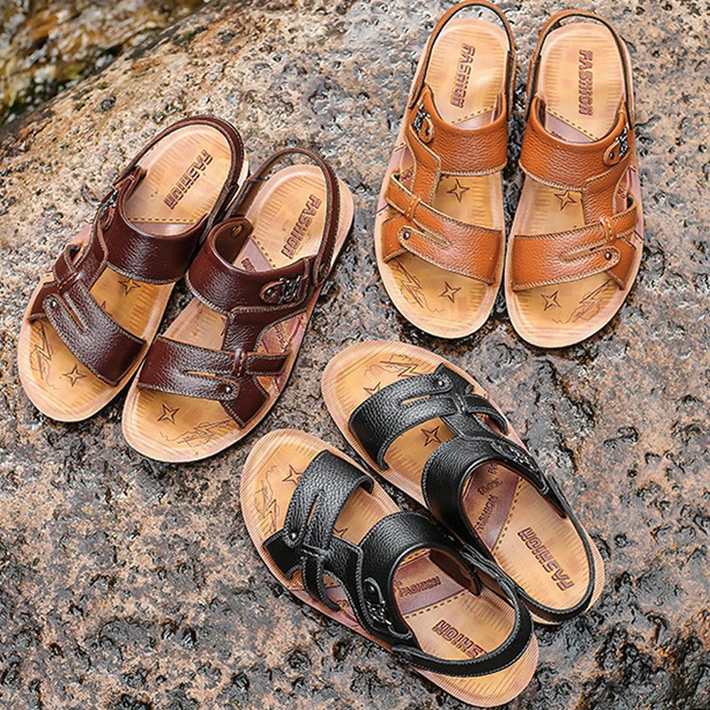 SALUDAS Casual Sandals Men Summer Leather Luxury Sandals Anti Slip Breathable Leather Handmade Beach Men's Slippers