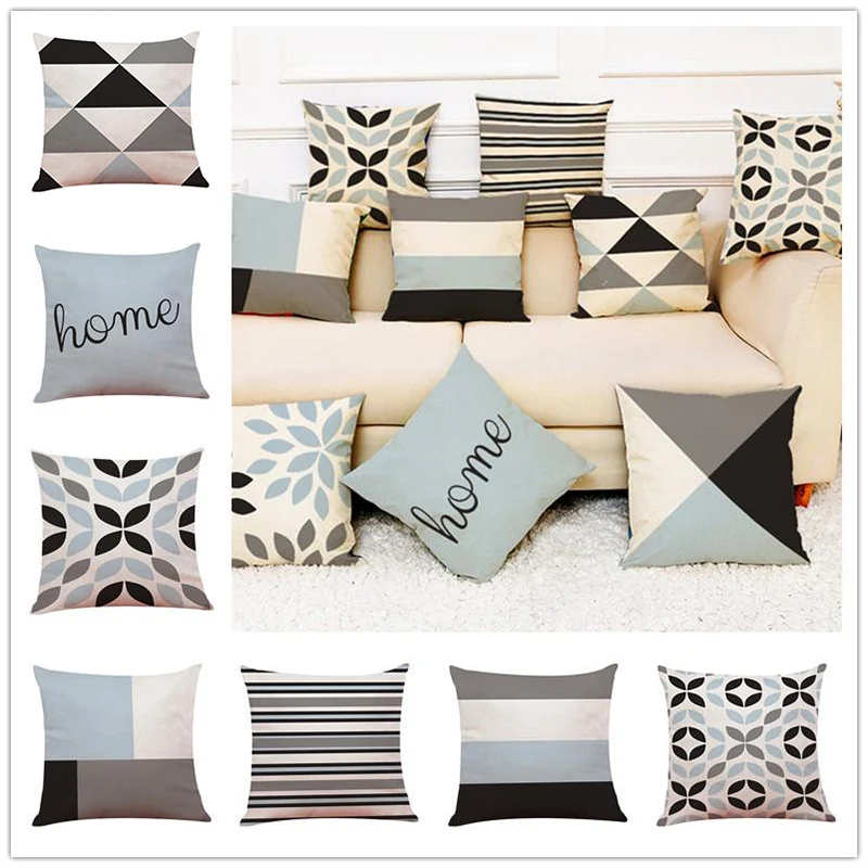 

Modern Simple Style Light Color Pillow Cover Cotton And Linen Hand-painted Home Textile Geometric Lattice Striped Pillowcase