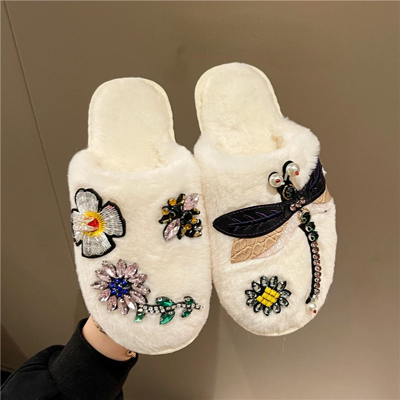Женские теплые Нескользящие шлепанцы плоская подошва Короткие Плюшевые с