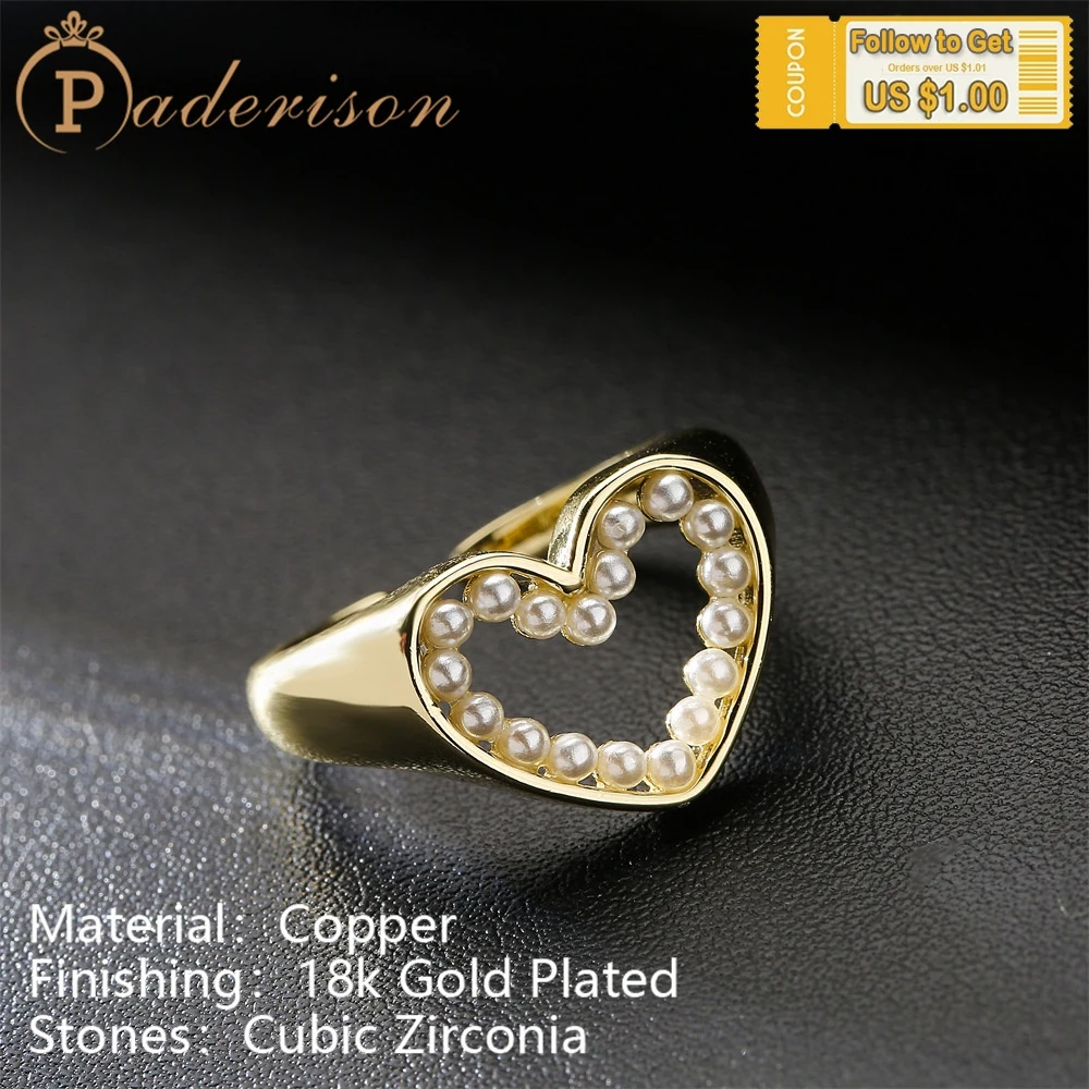 

Ins Style Personalized Love Hollow Heart Shape Pearl Opening Ring for Women Lovely 18k Gold-plated Copper Fashion Party Jewelry