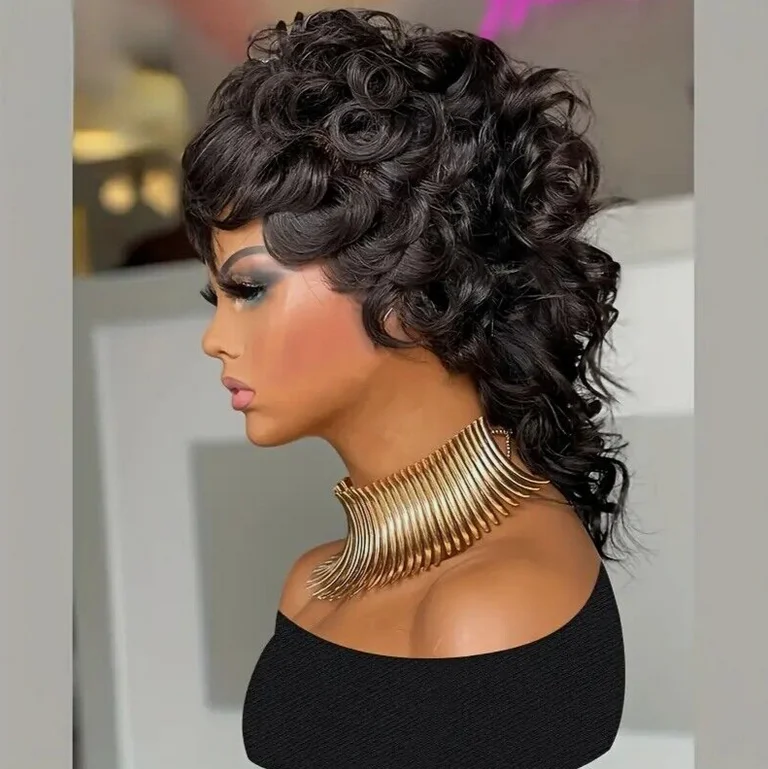 Черные короткие вьющиеся волнистые парики с челкой бразильские волосы вьющийся