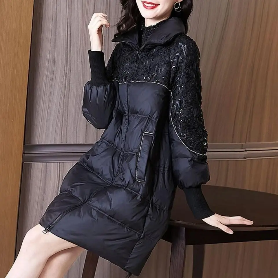 

New Winter Women Zipper Solid Fashion Long Sleeves Warm Mid-length Outerwear Female Elegant Office Ladies Lace Parkas Coat Q77