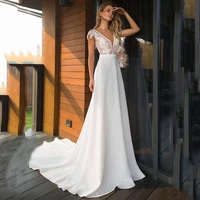 fashion deep v neck wedding dress lace appliques cap sleeve a line bridal gown zipper backless satin sweep train robe de mari%c3%a9e