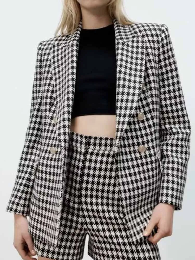 

Kumsvag 2022 Autumn Women Houndstooth Blazers Coats Suits Casual Double Breasted Female Elegant Street OL Blazer Outerwear