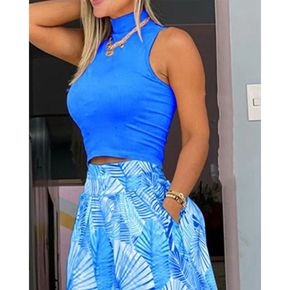 Summer Women Mock Neck Sleeveless Crop Tank Top & Plants Print Wide Leg Pants Set Female Two Pieces Suit Set Streetwear Outfits