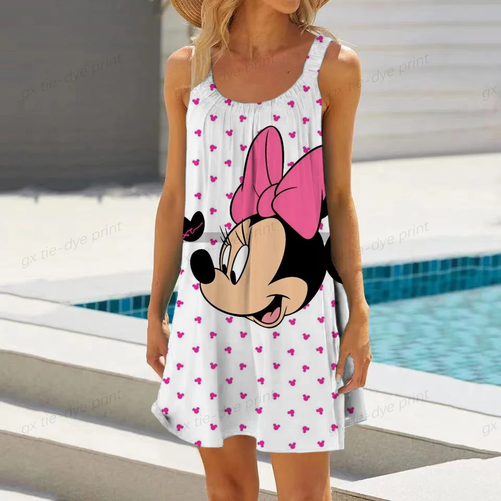 

Summer Loose Dress For Women O Collar Sleeveless High Waist Disney Mickey Mouse 3D Print Colorblock beach party Dresses Y2K