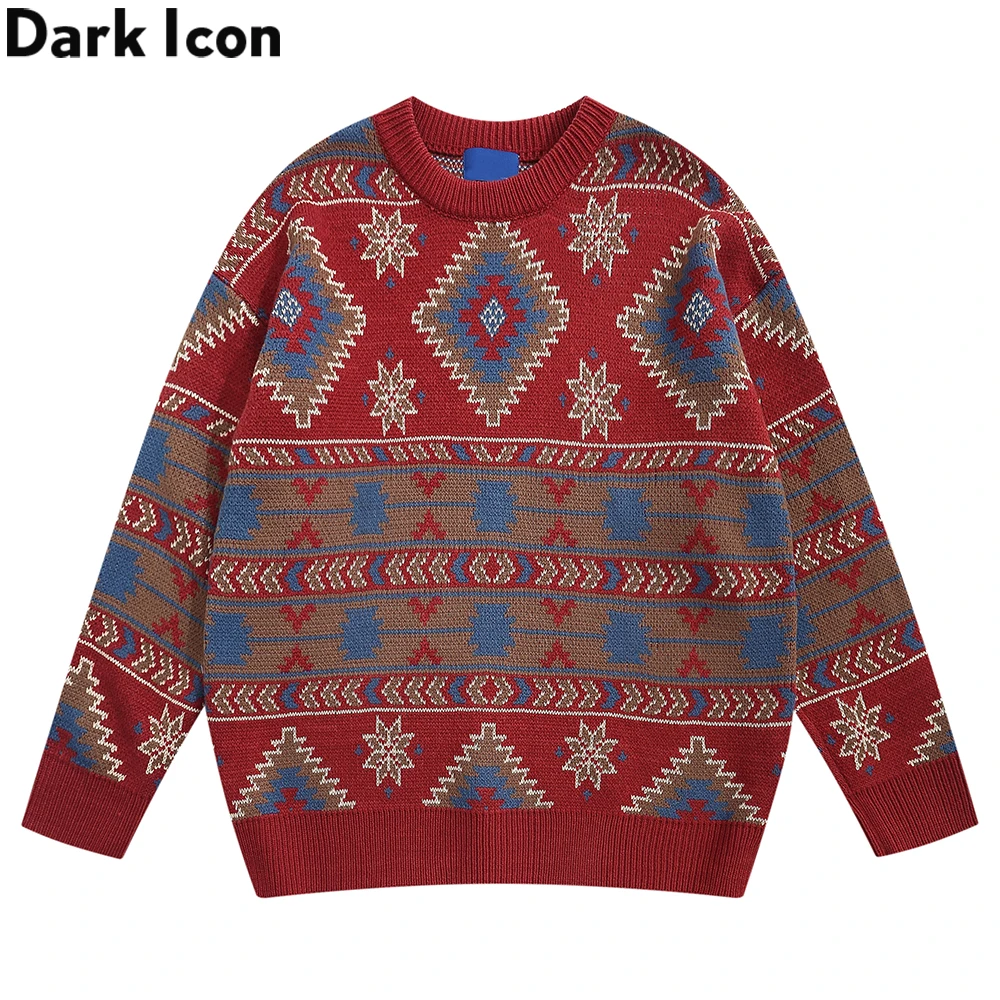 

Dark Icon Geometric Round Neck Pullover Knitwear Men's Sweater Autumn Preppy Style Vintage Sweaters for Man