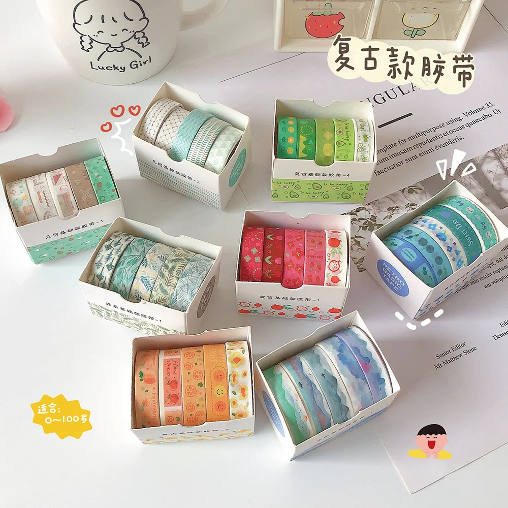 

Retro Washi Tape Set Scrapbooking 5roll Basics Masking Tapes DIY Material Stickers Stationery Adhesives Fasteners Office School