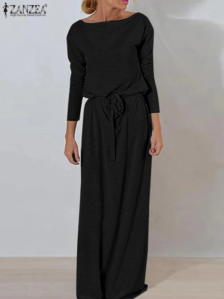 

ZANZEA Elegant Long Sleeve Drawstring Vestidos 2022 Stylish Solid Retro Kaftan Holiday Dress Female Women Casual Slim Sundress