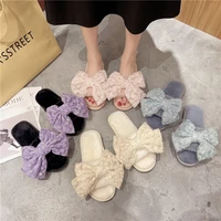 women winter bowknot lace house fuzzy slippers fur fashion warm shoes woman slip on flats female furry slides cozy home new 2022