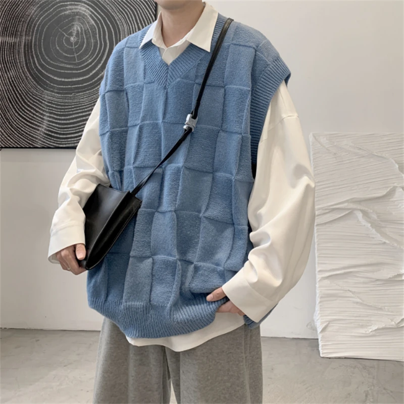 

Men's V Neck Sweater Vest Casual Spring Autumn Waistcoat Solid Harajuku Mens Streetwear Chic Loose Knitwear