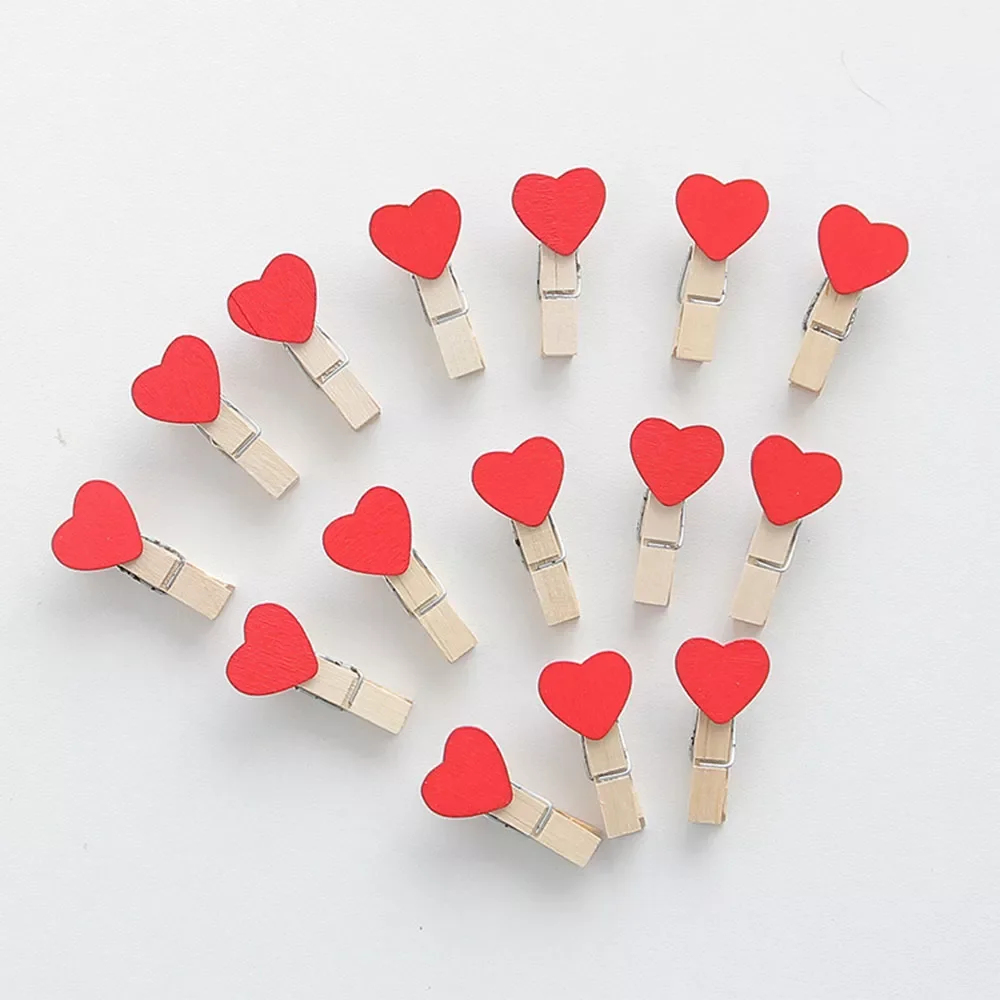 

50Pcs Mix Mini Red Heart Wooden Love Clips Photo-Paper Postcard Clips Valentines Wedding Home Decorations Party Supplies Decors