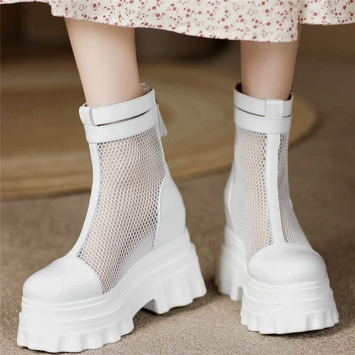 Pumps Shoes Women Genuine Leather Wedges High Heel Gladiators Sandals Female Hollow Mesh Round Toe Fashion Sneakers Casual Shoes