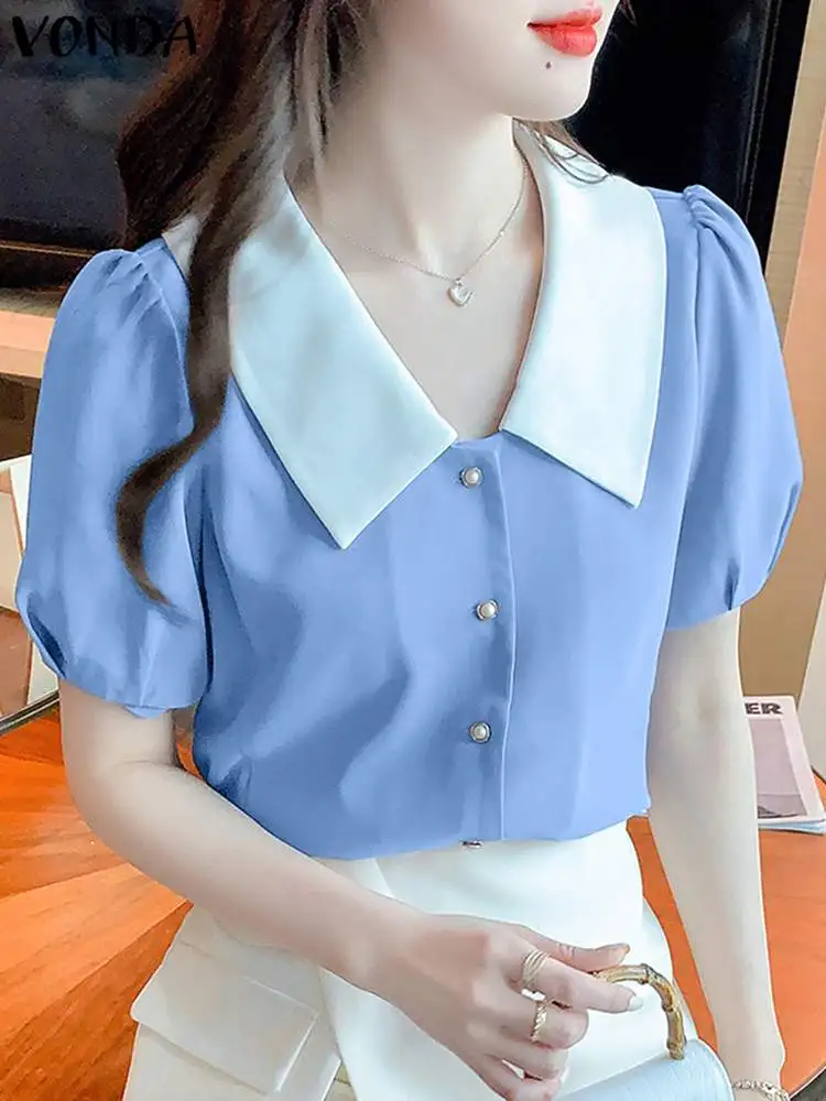 

VONDA 2022 элегантные женские летние повседневные блузки с отложным воротником для вечерние рубашки на пуговицах Женская Вечерние няя Блузка Т...