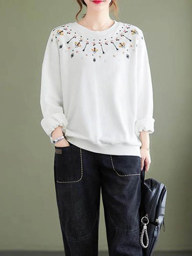 

Fashion New Embroidered Women's Autumn And Winter Sweatshirts Pullover Long Sleeve Vintage Floral O-neck Bottoming Loose Top