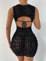 leopard print ruched tie front mesh bodycon dress