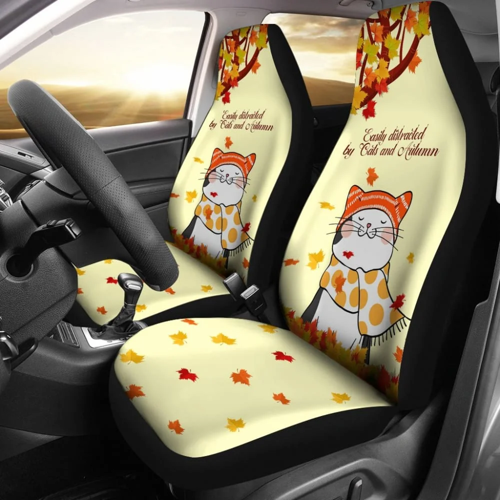 

Easily Distracted By Cats And Autumn Car Seat Covers 210205,Pack of 2 Universal Front Seat Protective Cover
