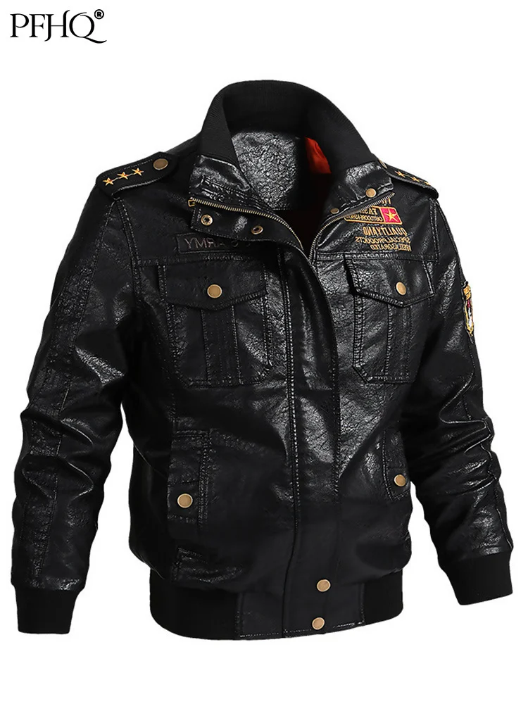 

PFHQ Autumn Men's Loose PU Leather Casual Motorcycle Outdoor Jacket Coat Male Bomber Flight Stylish Personality Clothes 21B1316