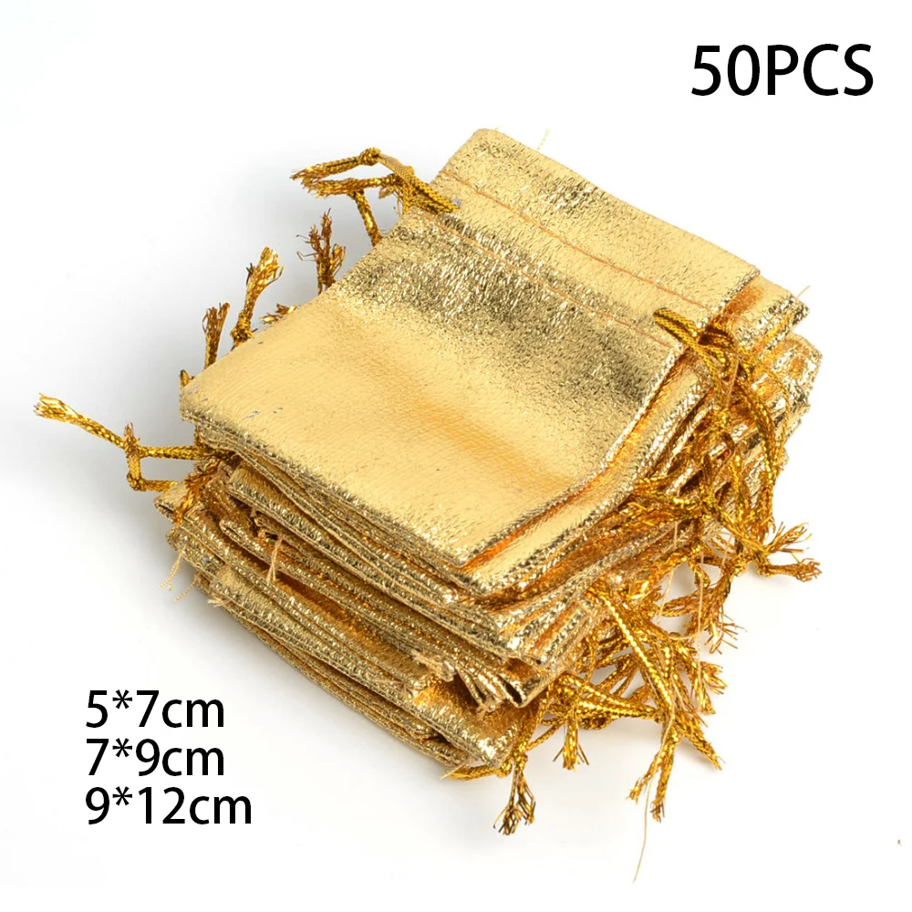 

50pcs Gold Organza Bags Jewelry Packaging Bags Wedding Party Decoration Favor Gift Bags Drawstring Pouches 5x7cm 7x9cm 9x12cm