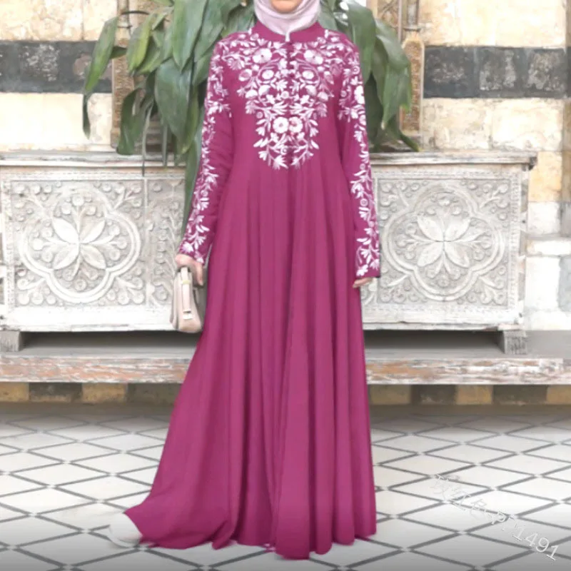 2023 new Muslim women's long-sleeved stand collar print skirt national style PP1491