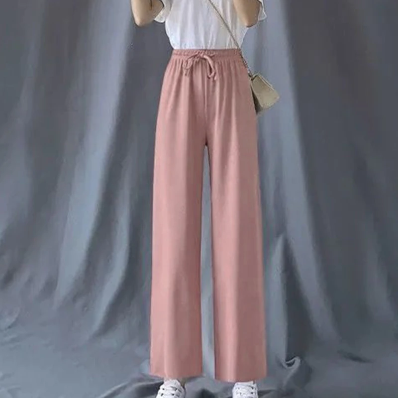 

2023 Summer Women Wide Leg Pants High Waist Loose Casual Lace Up Office Lady Ankle-Length Trousers Pants Straight Trousers