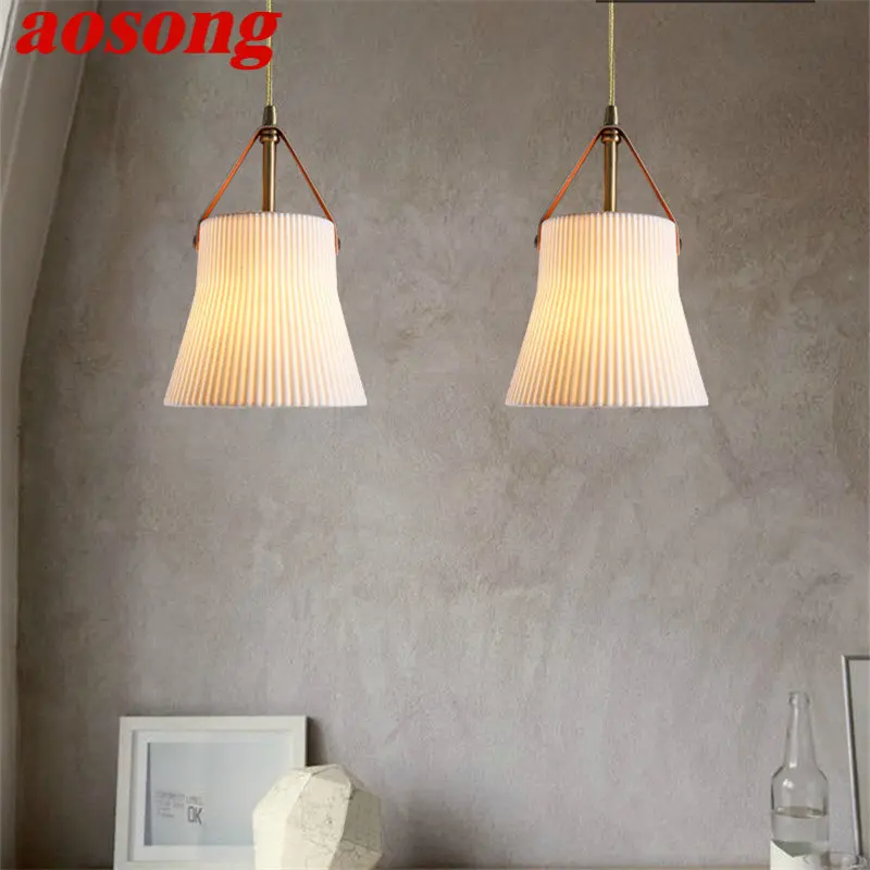 

AOSONG Nordic Brass Hanging Pendant Light LED Modern Simply Creative Ceramics Lamps and Chandeliers For Home Dining Bedroom