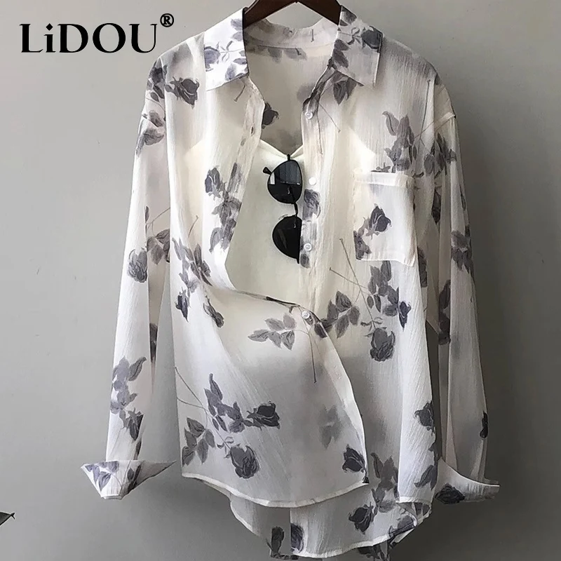 

Summer Floral Printing POLO Collar Long Sleeve Single Breasted Shirt Women Thin Style Loose Sheer Mid-length All-match Cardigan